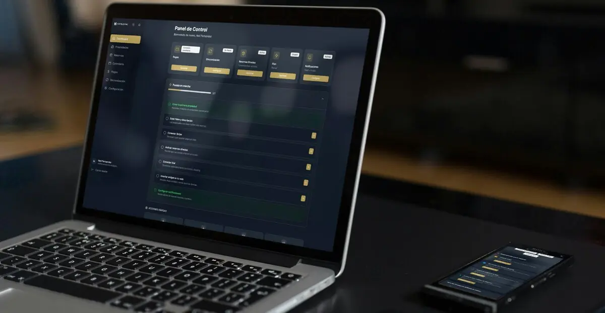 Notebook e smartphones sobre uma mesa; ambos estão conectados no mesmo website, mostrando um dashboard de informações.